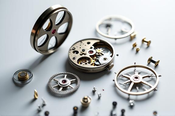 Ett demonterat urverk med delar prydligt uppradade.