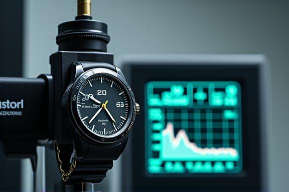 En klocka monterad i en testmaskin som mäter dess precision.