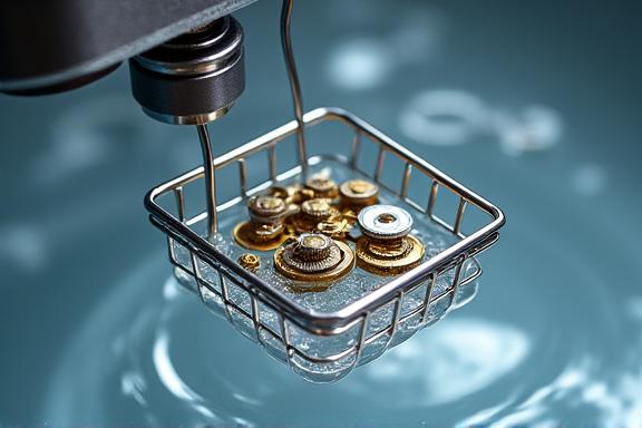 Klockdelar i en korg som sänks ner i en ultraljudsrengörare.