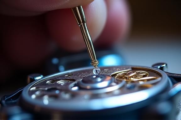 En urmakares hand som applicerar en mikroskopisk droppe olja på ett urverk.