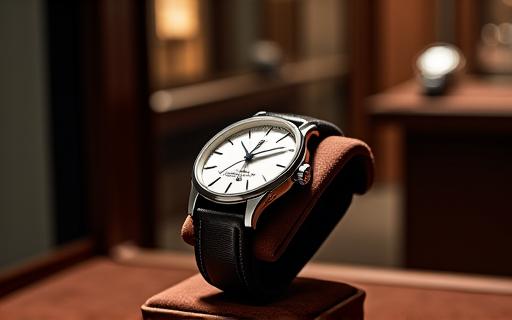 En elegant herrklocka som visas i en butiksmonter.