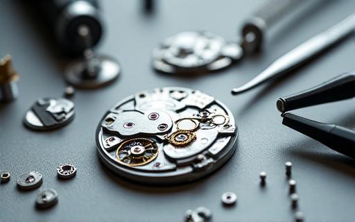 Urmakarverktyg och delar av ett urverk på ett arbetsbord.