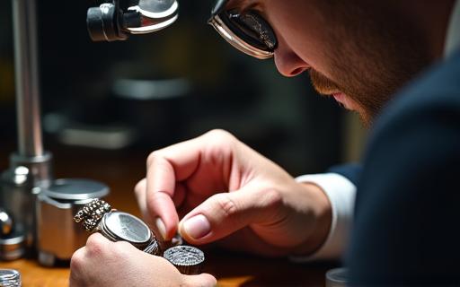 En urmakare som inspekterar en klocka med en lupp.