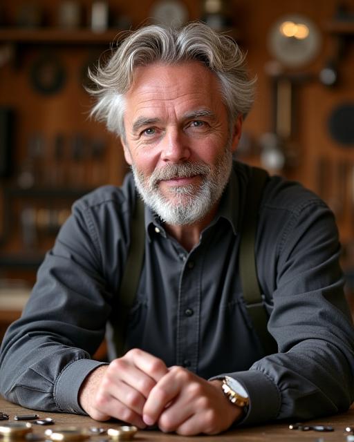 Professionellt porträtt av chefsurmakare Mikael Svensson i sin verkstad.